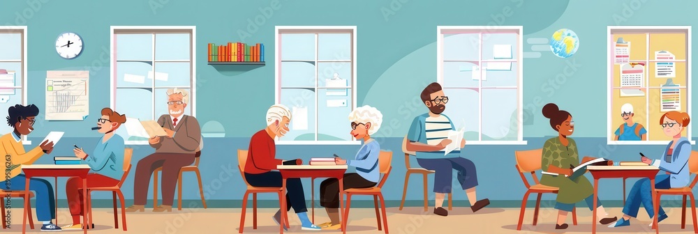 Poster a group of elderly individuals study foreign languages together, utilizing textbooks and dictionarie