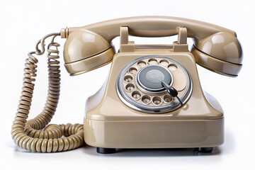 Retro vintage rotary dial landline phone with curly cord and circular base stands alone on a transparent background, evoking nostalgia and antique charm.