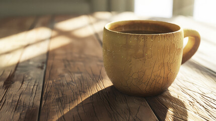 A textured ceramic mug with coffee catches the morning sun on a rustic wooden table, highlighting intricate surface details.