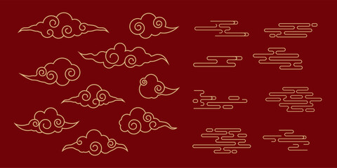 Japanese cloud set, asian traditional wavy curly ornament. China ornament, eastern decoration doodle, line. Clouds flow with the wind in the sky .