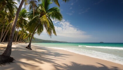 Shoreside Beauty Palm trees lining a sandy beach with gentle waves lapping at the shore.