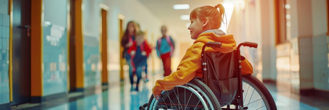 Young girl in a wheelchair moving through a school hallway with friends. Accessibility and inclusion for disabled students.