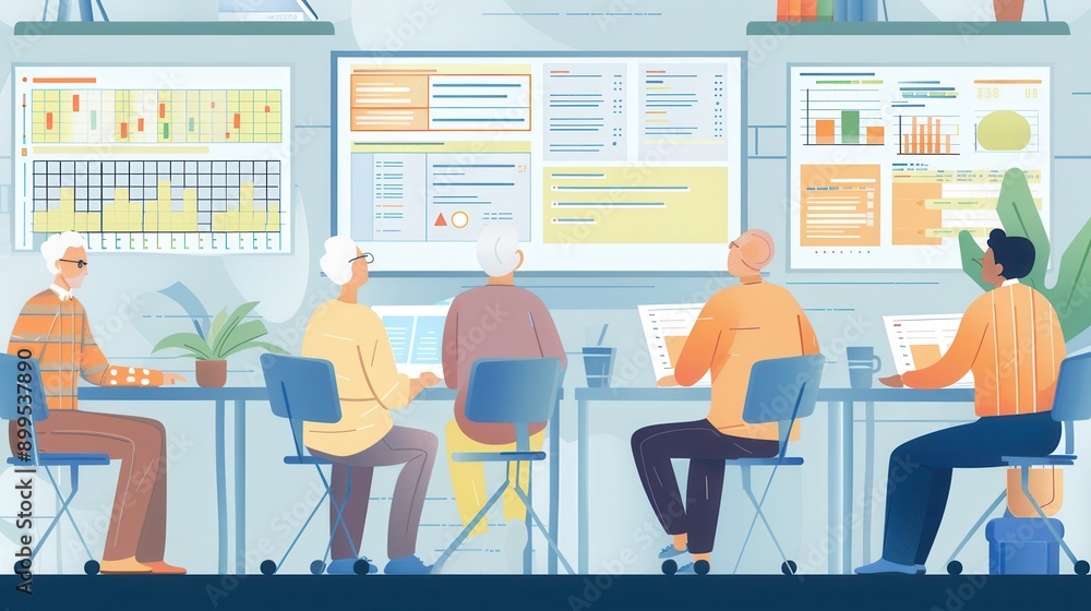 Aufkleber A group of elderly people participate in a collaborative learning session, focusing on various digital displays in a well-lit classroom setting. Generative AI