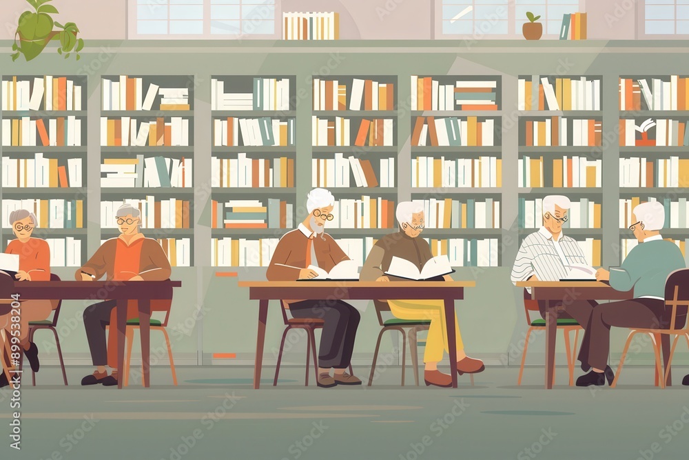 Poster a group of elderly learners studies foreign languages using textbooks and dictionaries in a warm lib