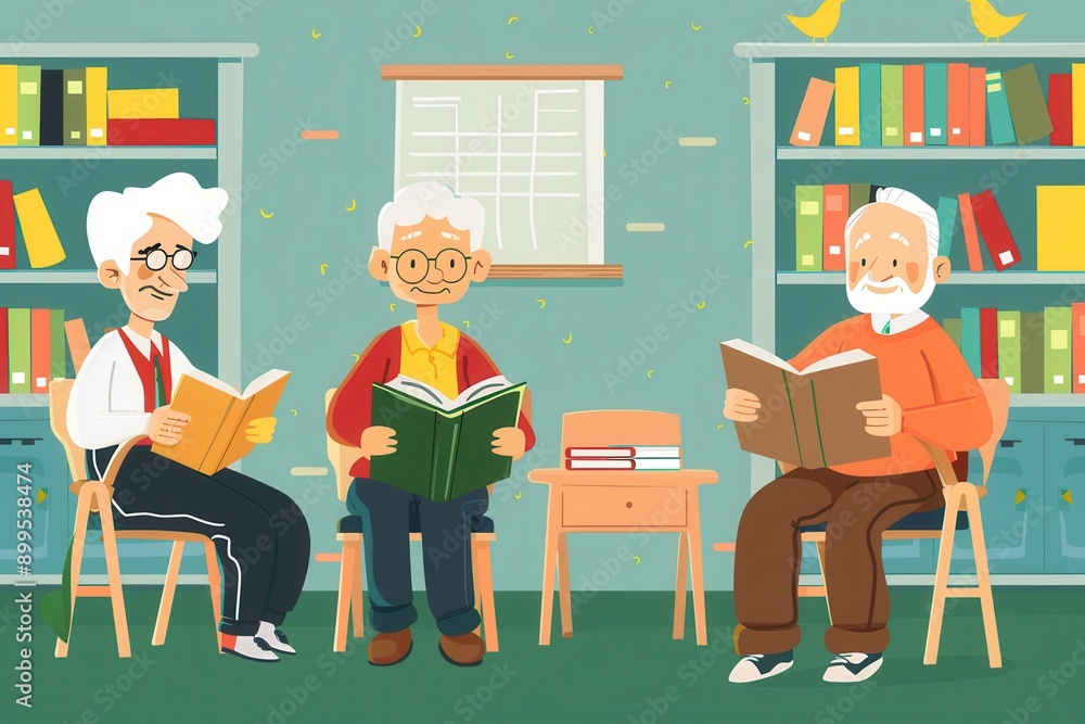 Fototapete three elderly learners study foreign languages, surrounded by textbooks and dictionaries, enjoying a