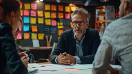 Leader guides a meeting with workers, brainstorm session, collaborative workspace