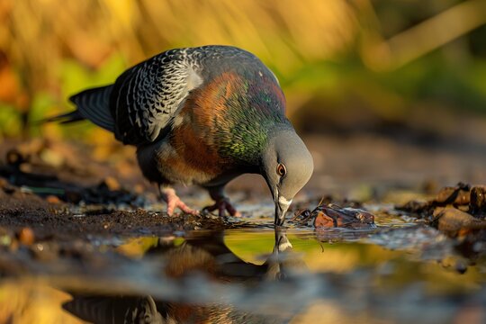 Pigeon drinking water from a puddle in the autumn forest. - Powered by Adobe