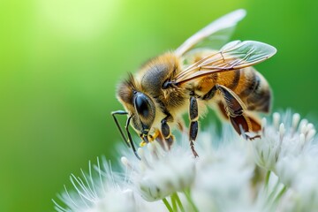 Bee on white flower in nature or in the garden. 