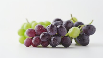 Fototapeta premium Fresh green and black grapes with water drops seen in close-up on a white background
