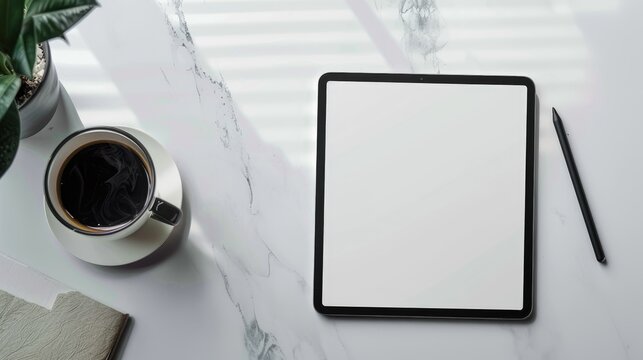 Digital tablet mockup with blank screen stylus and coffee on white surface