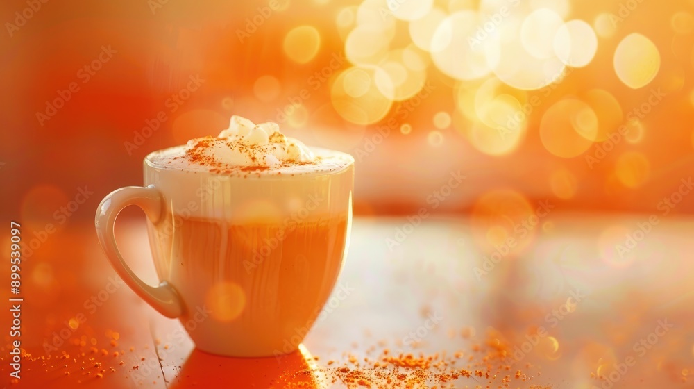 Poster Latte coffee with blurred orange background ideal for a cheerful start to the day