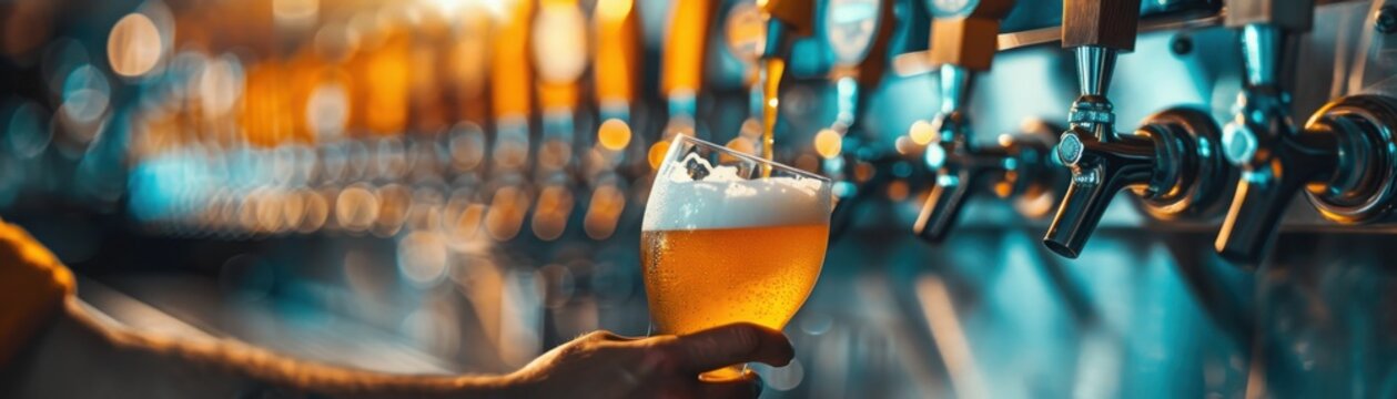 A refreshing glass of beer being served at a vibrant bar with multiple taps, perfect for celebrations and gatherings.