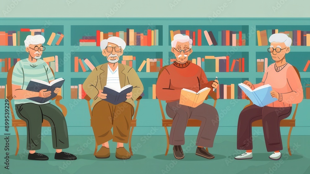 Fototapete four elderly individuals study foreign languages with textbooks and dictionaries in a community cent