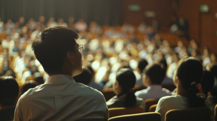 Fototapeta premium A large audience attentively seated in a theater, focused on an event or performance, capturing a sense of community engagement.