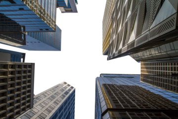 The image shows a perspective view of modern skyscrapers from below, contrasting against a white. The buildings feature glass and metal facades, highlighting urban architecture