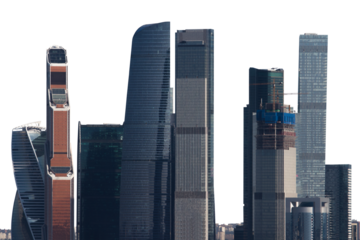 Skyscrapers from the Moscow City business district isolated on a white background. The image showcases modern high-rise buildings. Urban architecture concept