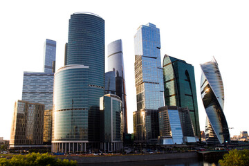 Skyscrapers of Moscow City illuminated by evening light against a white background. Modern...