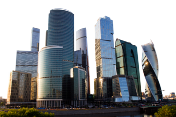 Skyscrapers of Moscow City illuminated by evening light against a white background. Modern architectural design. Urban skyline concept