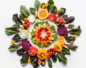 Obraz premium Creative vegetable and fruit in a vibrant photorealistic colorful arrangement of a mandala high-definition background. Generative AI