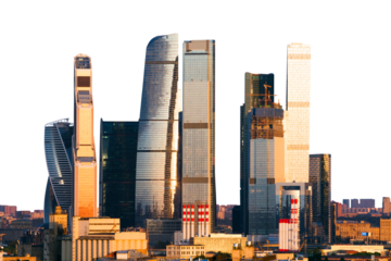 Modern skyscrapers of the Moscow International Business Center, beautifully lit by the evening sun, on a black background, highlighting the city's architectural advancements and urban development