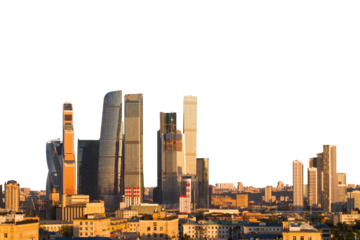 Panoramic view of Moscow's city skyline featuring modern skyscrapers and high-rise buildings, isolated on a white background. Urban landscape of Moscow, Russia