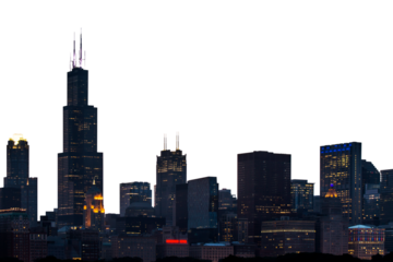 Chicago skyline at night showcasing illuminated buildings, with a white background. Concept of urban nightscape and city lights