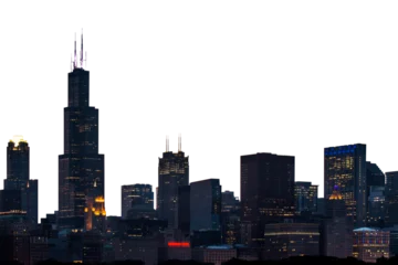 Chicago skyline at night showcasing illuminated buildings, with a white background. Concept of urban nightscape and city lights