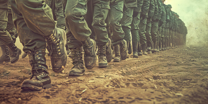 The Silent March: A line of soldiers, marching in formation, their boots thumping rhythmically on the dusty ground