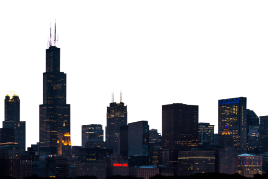 Chicago skyline at night showcasing illuminated buildings, with a white background. Concept of urban nightscape and city lights