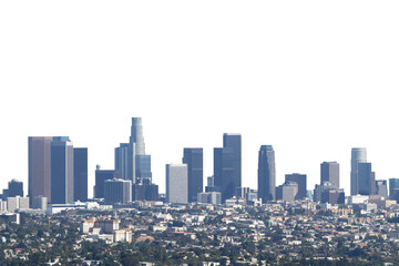 Panoramic view of Los Angeles skyline showing prominent skyscrapers and dense residential areas in the foreground, set against a white background. Cityscape concept