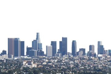 Panoramic view of Los Angeles skyline showing prominent skyscrapers and dense residential areas in the foreground, set against a white background. Cityscape concept