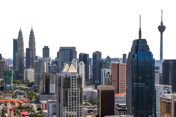 Obraz premium Panoramic view of Kuala Lumpur city skyline featuring diverse skyscrapers and landmarks, isolated on a white background, showcasing urban architecture in Malaysia