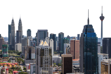 Panoramic view of Kuala Lumpur city skyline featuring diverse skyscrapers and landmarks, isolated on a white background, showcasing urban architecture in Malaysia