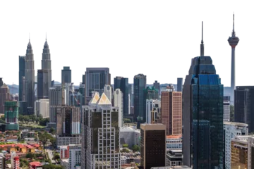 Panoramic view of Kuala Lumpur city skyline featuring diverse skyscrapers and landmarks, isolated on a white background, showcasing urban architecture in Malaysia