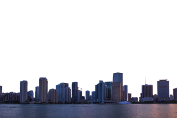 Miami skyline at dusk with illuminated buildings reflecting in the water. The cityscape is set against a white background, highlighting the urban architecture