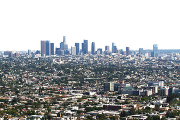 Panoramic view of Los Angeles skyline with urban sprawl, isolated on white background. Concept of urbanization and modern city life