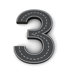 Fototapeta premium Number 3 Road 3d top view png. Road Uppercase letters. Road Style alphabet 3d. 