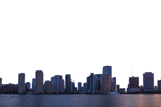 Miami skyline at dusk with illuminated buildings reflecting in the water. The cityscape is set against a white background, highlighting the urban architecture