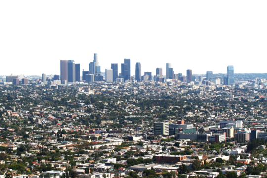 Panoramic view of Los Angeles skyline with urban sprawl, isolated on white background. Concept of urbanization and modern city life