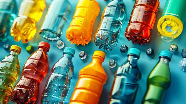 Colorful Plastic Bottles on Blue Background Highlighting Recycling, Sustainability, and Environmental Impact
