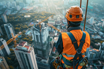 Fototapeta premium A man in an orange safety vest stands on a rooftop looking out over a city