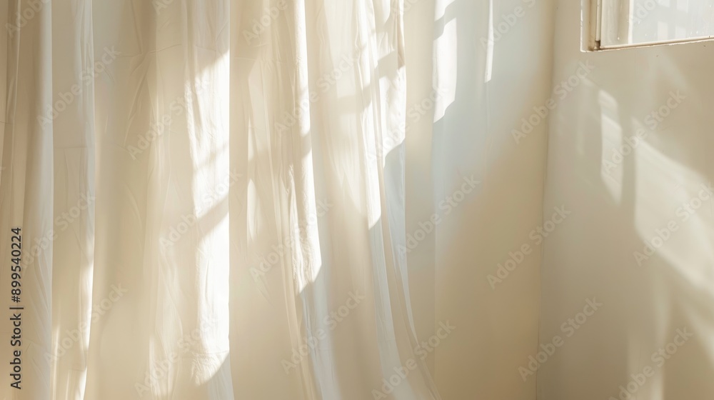 Aufkleber light and shadows on white wall from curtain and objects sunlight space for text
