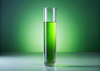 A lone white test tube stands upright on a clean background, filled with a vibrant green liquid, emitting a sense of scientific discovery and experimentation.