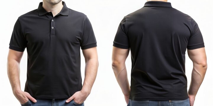 Front and back views of a man wearing a black polo shirt mockup template