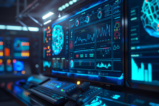 Network security dashboard with real-time threat alerts. Bright blue light. Futuristic command center background.