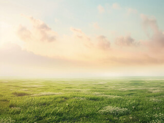 Obraz premium Landscape with grass and sky. A minimalist background featuring Light Moss, Pale Peach, Charcoal Black, and Soft White. Clean composition and soothing color palette, perfect for modern designs.