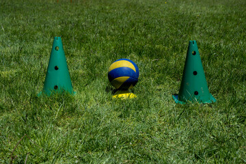 Orange hurdles, orange training cones, ball with more colors and
green cones on a green fields....