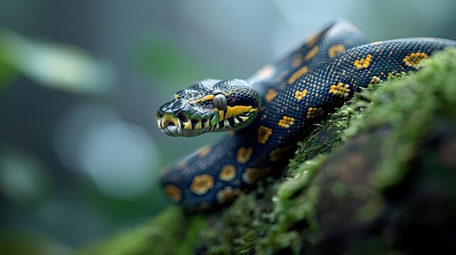 A python coiled around a tree trunk in a rainforest.