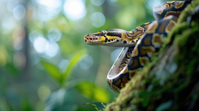 A python coiled around a tree trunk in a rainforest.