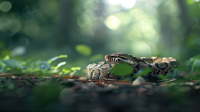 A python camouflaged in the forest, waiting in ambush.
